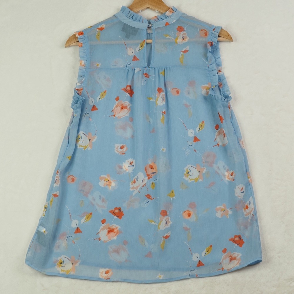 Blue Floral Ruffle Blouse S Sheer Romantic Cottagecore Garden Party Feminine - Picture 2 of 7